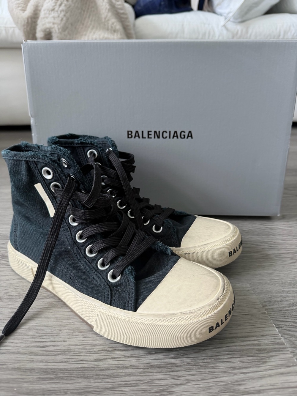 Balenciaga Black Canvas High-Top Sneakers with Cream Rubber Toe